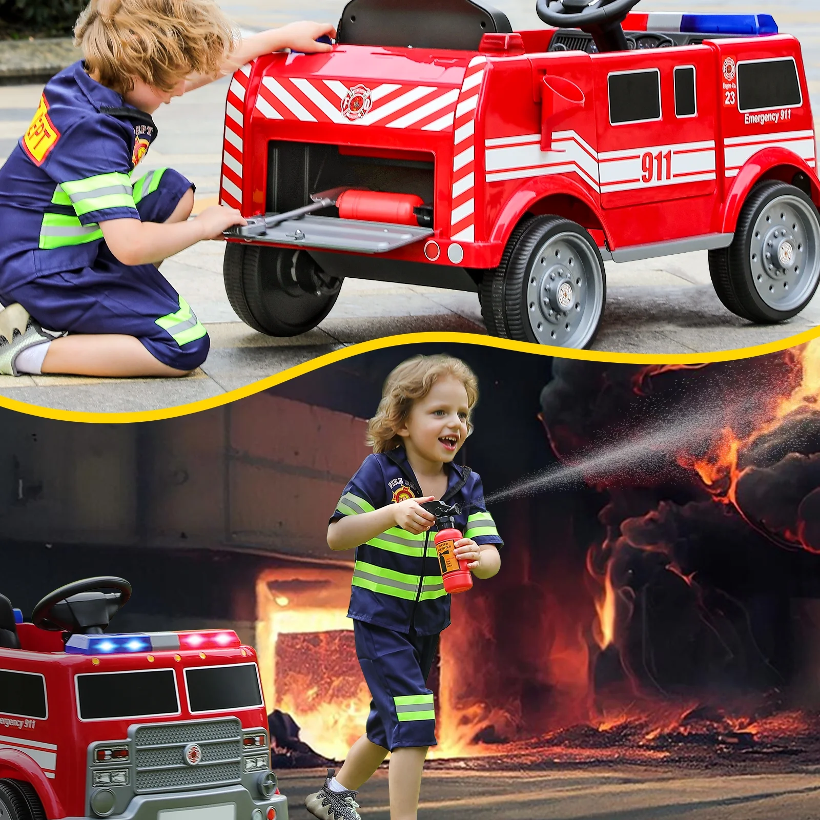 Bobiber Ride on Fire Truck, 12V Battery Powered Ride-On Toy Vehicle with Remote Control, Megaphone, Flashing Lights, Siren and Fire Extinguisher - For Boys and Girls Ages 3-6 - Image 4