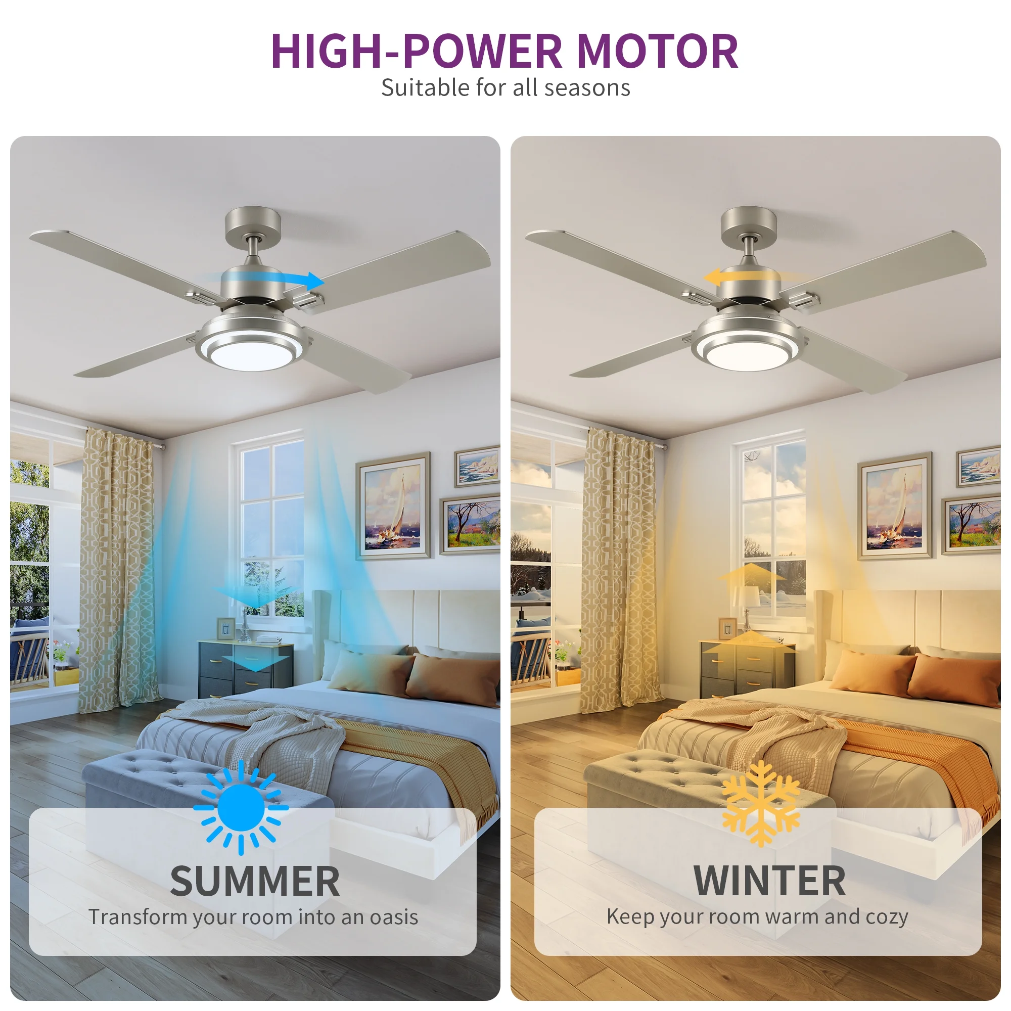 Dextrus 52'' Ceiling Fan with Light and Remote Control, 6 Speeds, 5 Timer Settings, and Dual-Finish Blades (Nickel)
