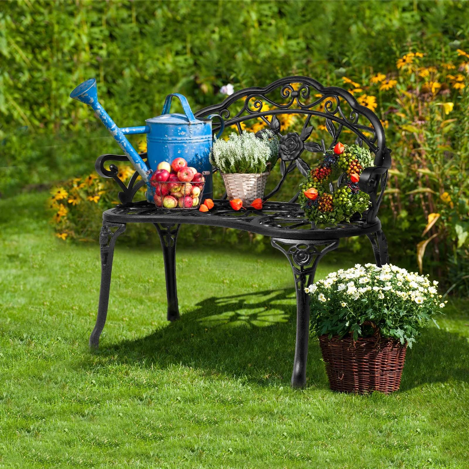 Zimtown Courtyard Park Outdoor Patio Bench Leisure Rose Cast Aluminum Chair, Metal Loveseat Bench for Garden Patio, Porch, Deck, Bronze - Image 10
