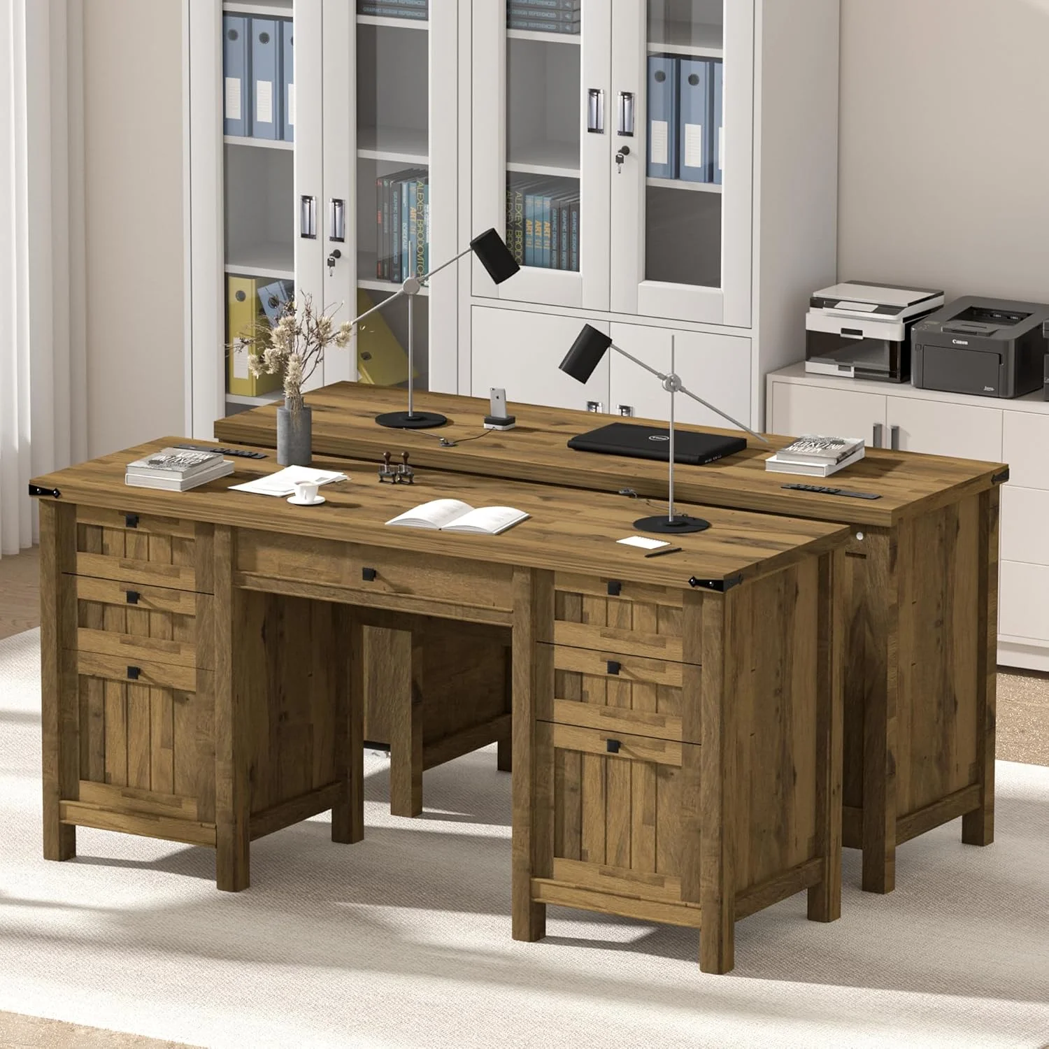 FIAKOA 45"Executive Desk, Modern Farmhouse Computer Desk with Drawers & Cabinet, White Home Office Desk Writing Workspace for Work Study - Image 25