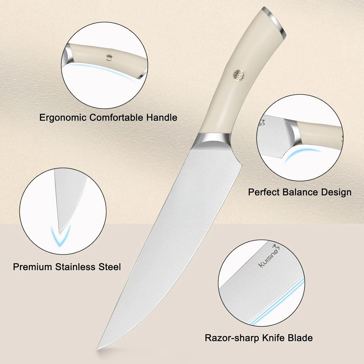 Ivory Knife Block Set (15-PCS) �C High Carbon Stainless Steel, Built-in Sharpener, Forged Chef Blades - Image 4