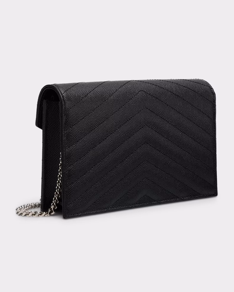 Saint Laurent Cassandre Envelope Chain Wallet - Black Chevron Leather, Silver Hardware - COZYMIZE