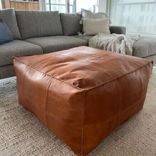 Moroccan Leather Footstool Boho Vintage Pouffe 30'' Wonderful Classic Square