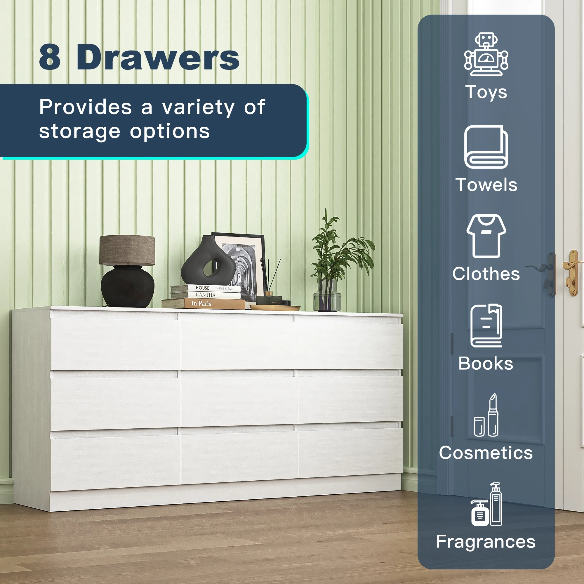 Kadyn White Chest of Drawer, 6 Double Drawer Dresser for Bedroom, Modern Storage Cabinet for Living Room, Dresser - Image 95