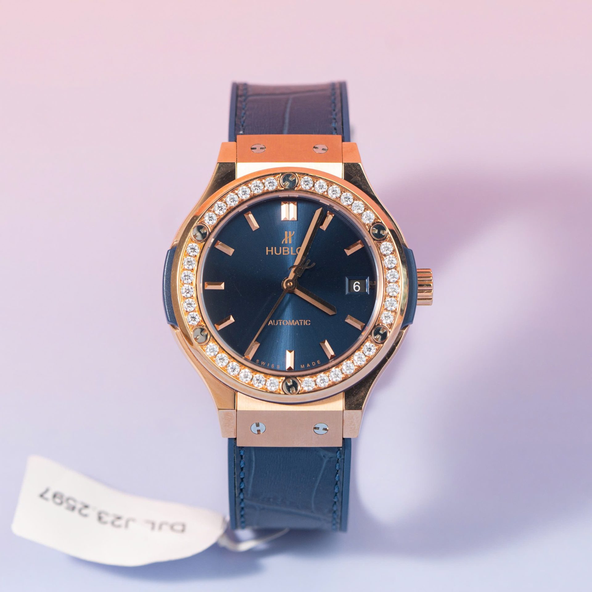 Hublot Replica Watch Classic Fusion King Gold Blue Dial Moissanite Diamond Bezel 38mm - Elite Watch Atelier