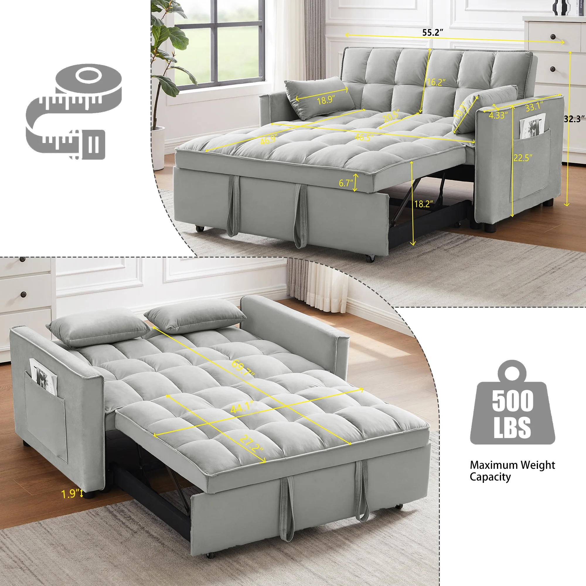 Convertible Sofa Bed,3-in-1 Sleeper Sofa with Pull Out Bed,Velvet Highly Elastic Sponge Futon Couch Loveseat with Adjustable Backrest and 2 Pillows for Living Room,Gray - Image 9