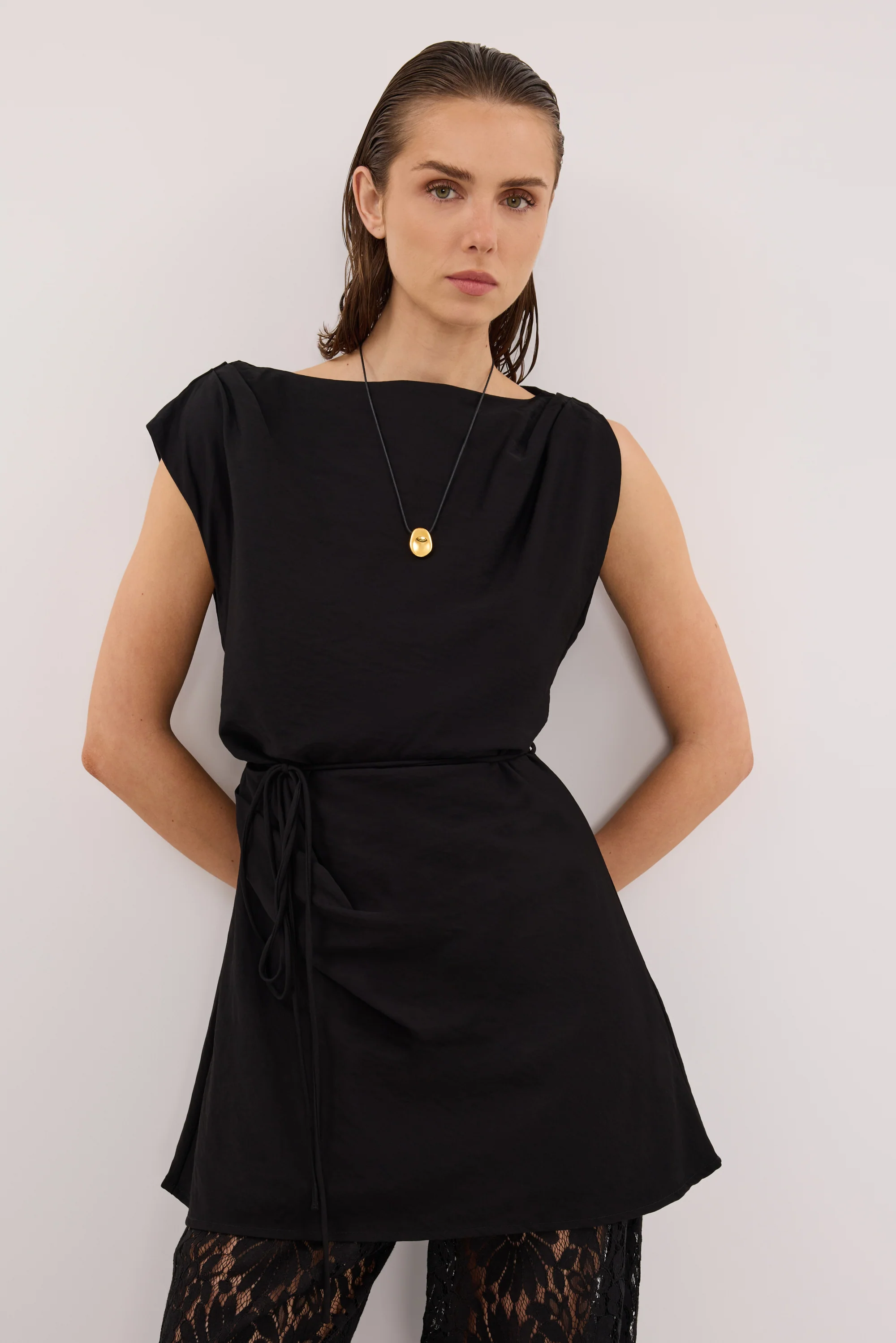 MARMO BLACK DRAPED MINI DRESS