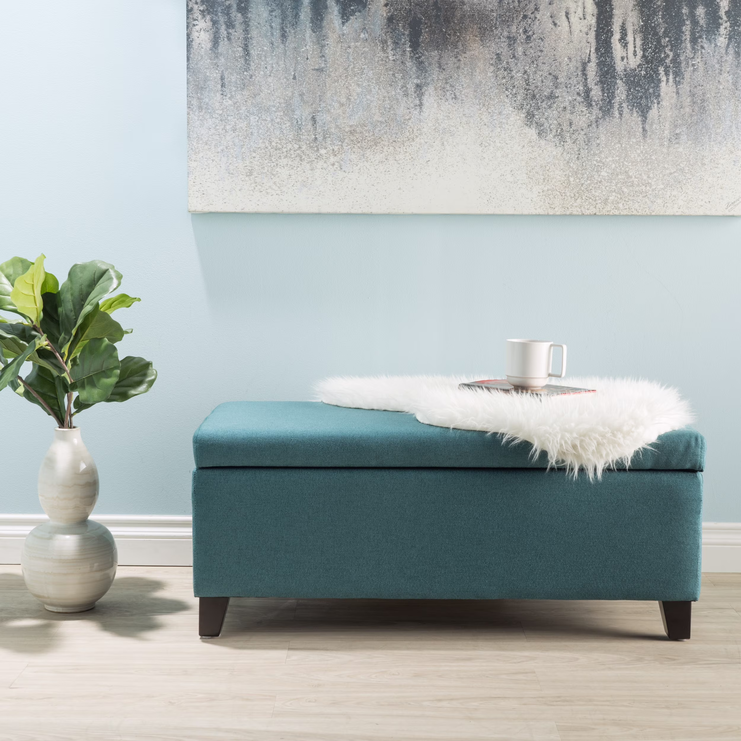Noble House Hampton Contemporary Fabric Upholstered Storage Ottoman, White and Blue Floral - Image 15