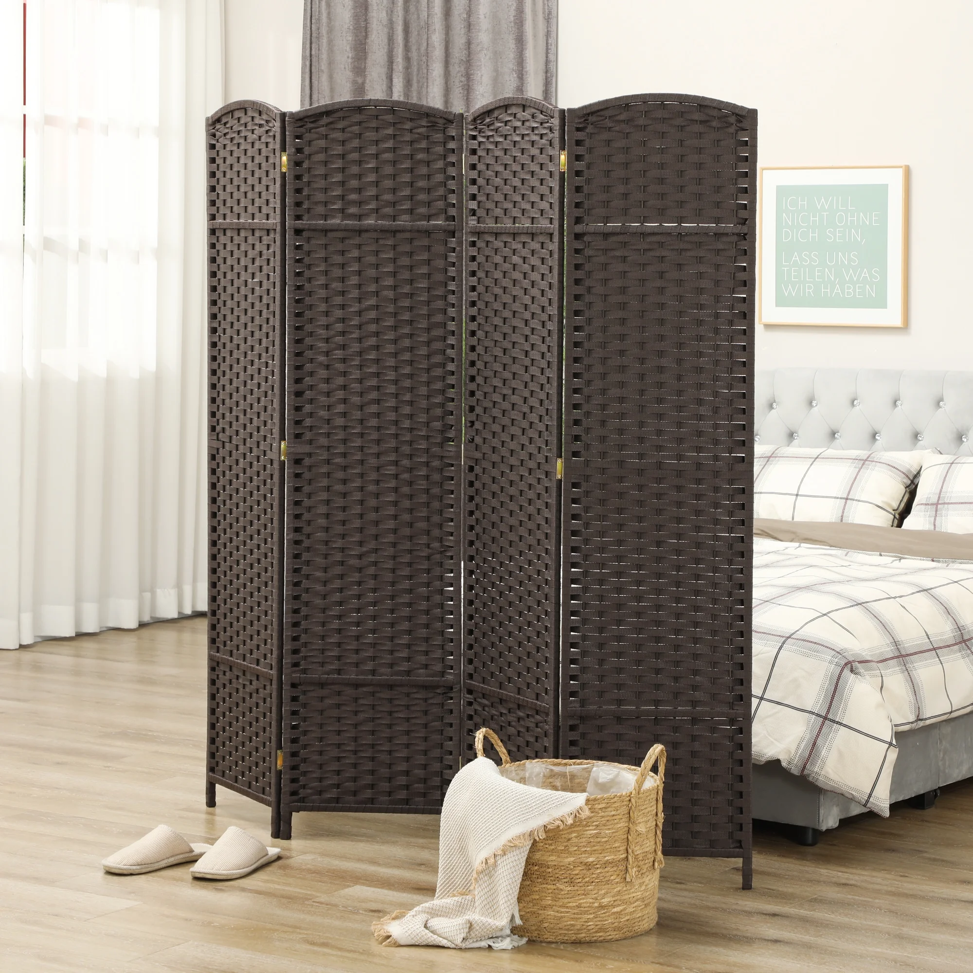 HOMCOM Room Divider, 4 Panel Folding Privacy Screen, 5.6' Tall Freestanding Partition for Home Office, Bedroom, Brown