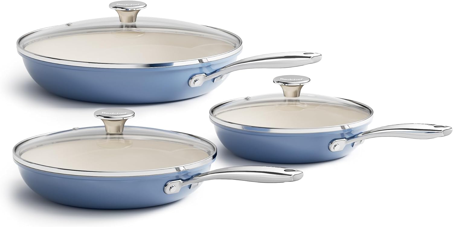 Redchef Nonstick Cookware Sets, Ceramic Frying Pan Set with Tempered Glass Lids, Non Stick Cooking Set, Dishwasher & Oven Safe, Induction Safe, Compatible with All Cooktops, Blue (8