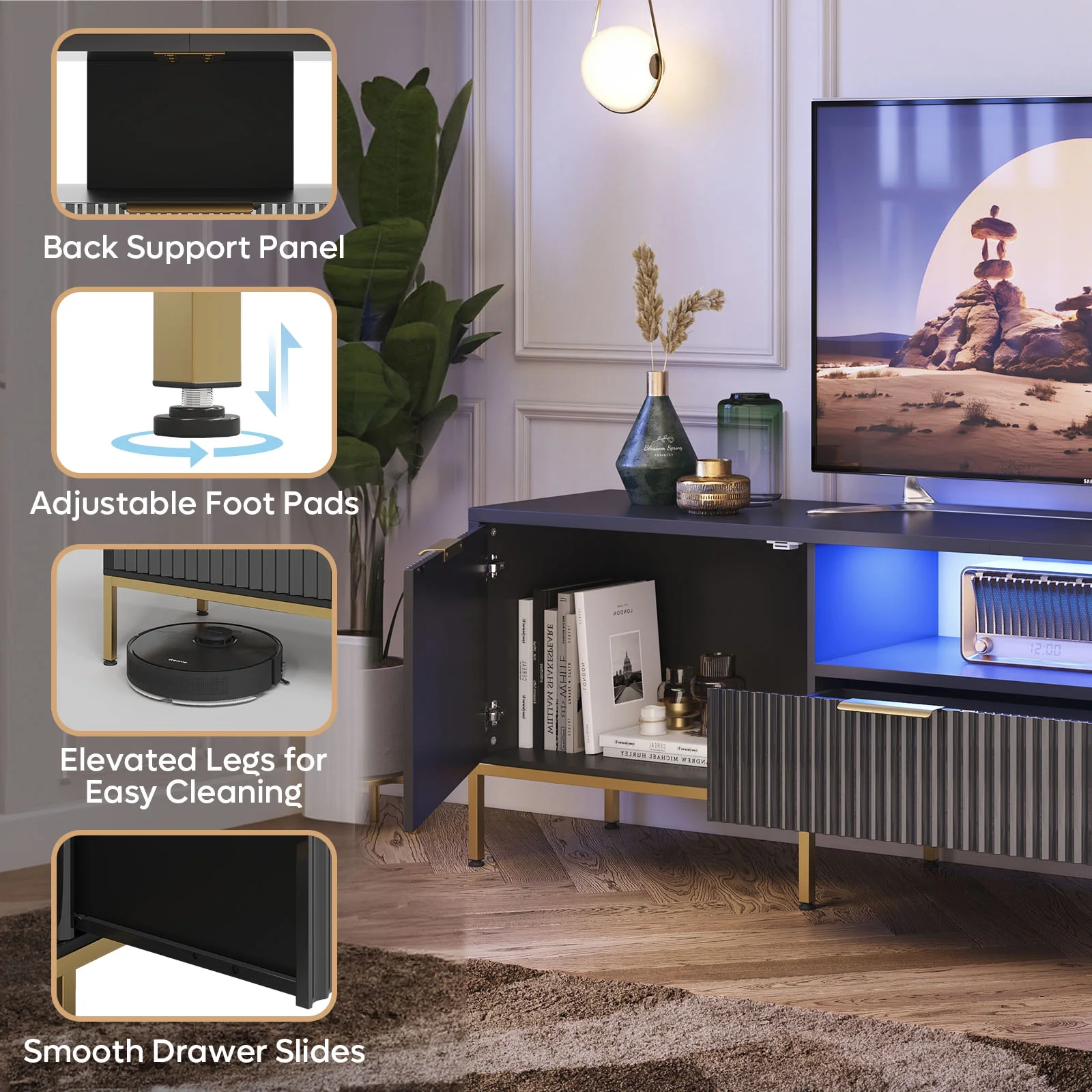 Bestier 55" LED TV Stand for TVs up to 60" Modern High Gloss Entertainment Center with Drawers Cabinets Fluted TV Console, White & Gold - Image 30