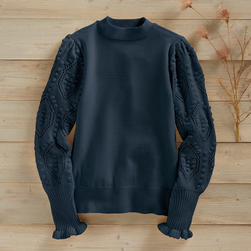 Nora Ribbed Women's Sweater with Pointelle Balloon Sleeves and Mockneck - MIDNIGHT VELVET CATALOG