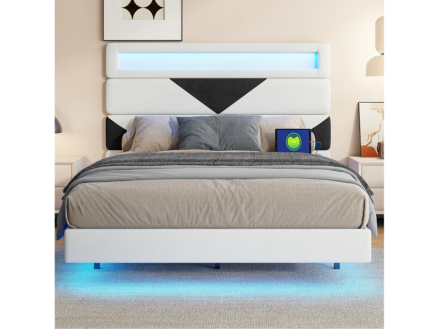 Lit double 160x200 cm  - USB et USB C - LED intégrée - Tissu velours blanc