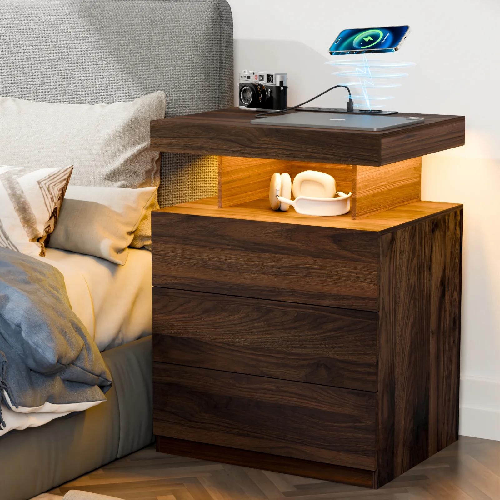 Hommpa LED Nightstand Wireless Charging Station USB Type C Outlets Bedside Table 3 Drawers Black Night Table Modern Smart Nightstand High Gloss End Side Table for Bedroom Furniture 26.8" Tall - Image 19