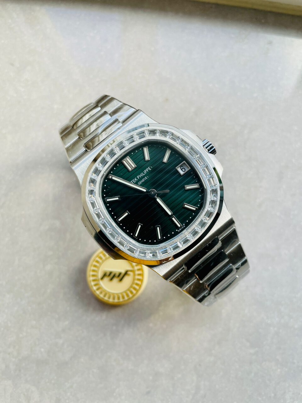 Replica PATEK PHILIPPE Nautilus 5711/1A PPF 1:1 Best Edition Green Textured Dial T Diamonds Bezel on SS Bracelet 324CS V4 - Elite Watch Atelier