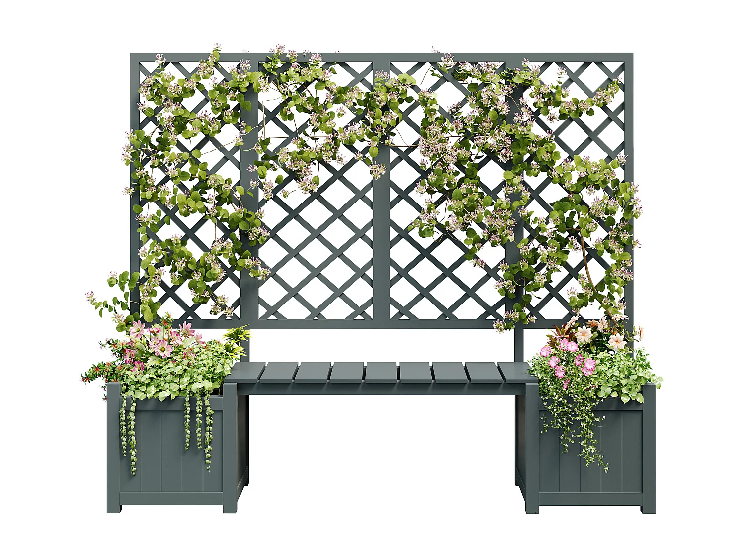 Lot de 2 Jardinière sur pièds avec Treillis en bois massif + 1 banc- 169 x 42 x 145 cm - Gris