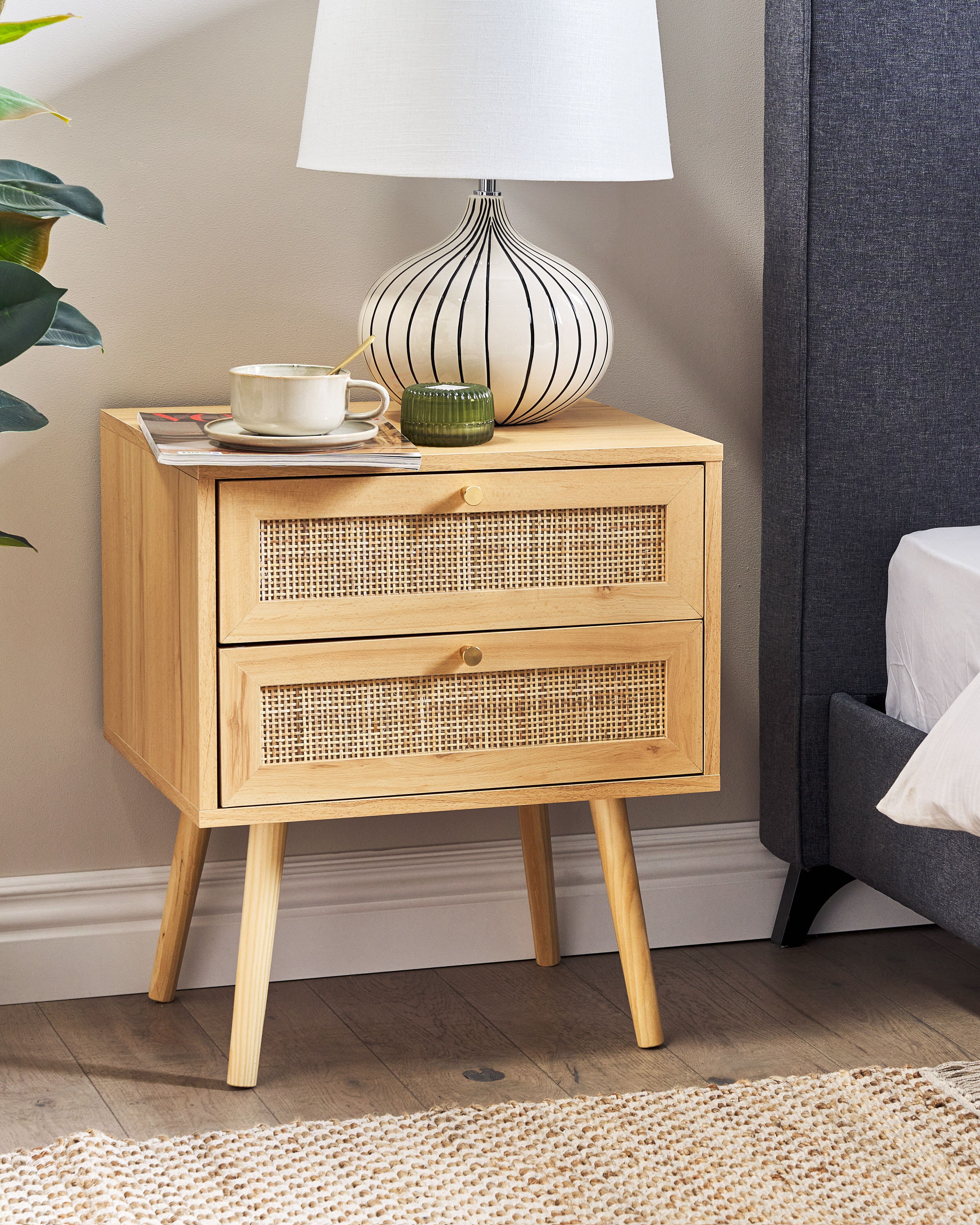 2 Drawer Bedside Table PEROTE Rattan Light Brown