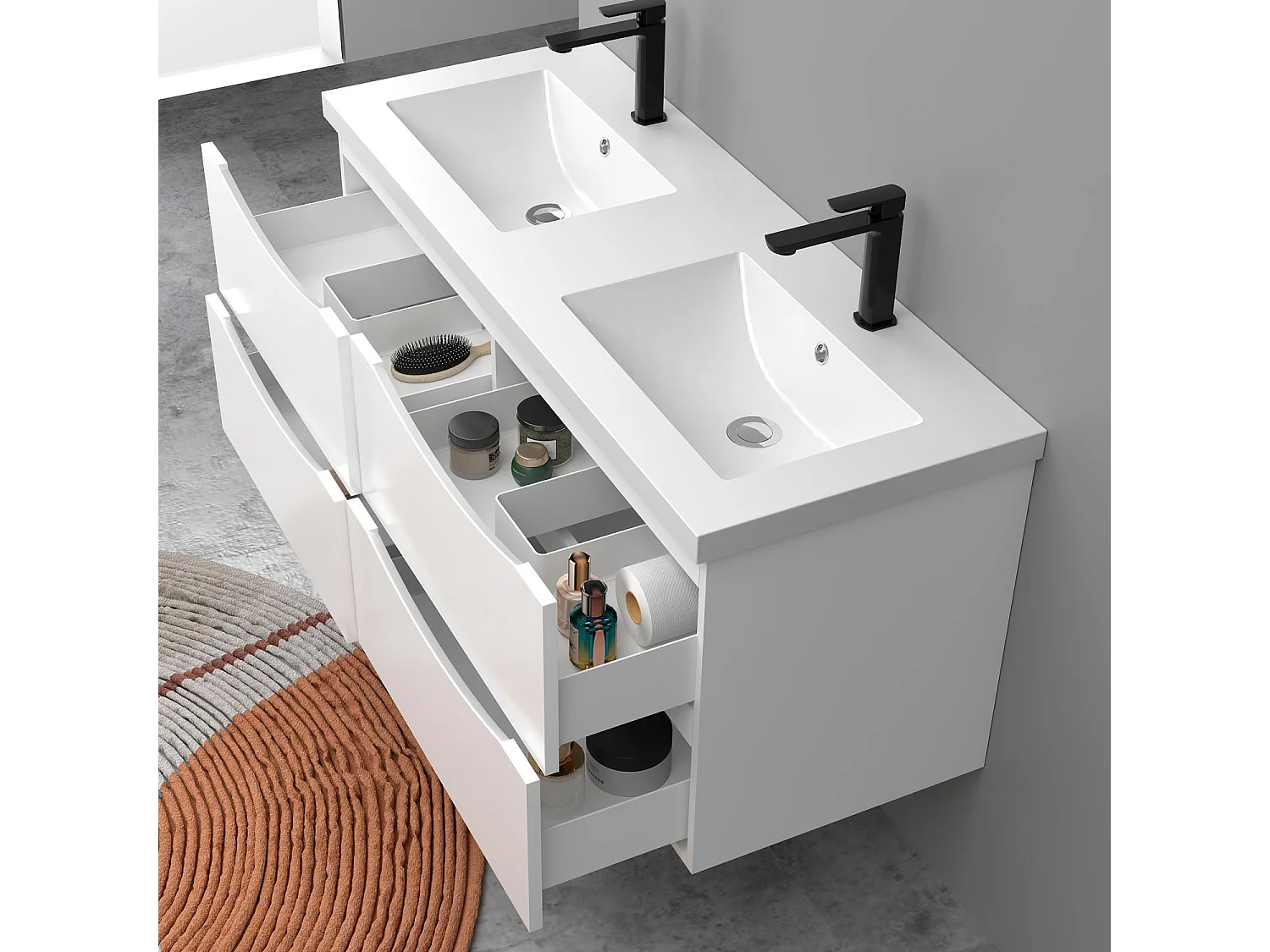 Meuble de salle de bain suspendu Brillant 120cm avec simple vasque + 4 tiroirs, Blanc