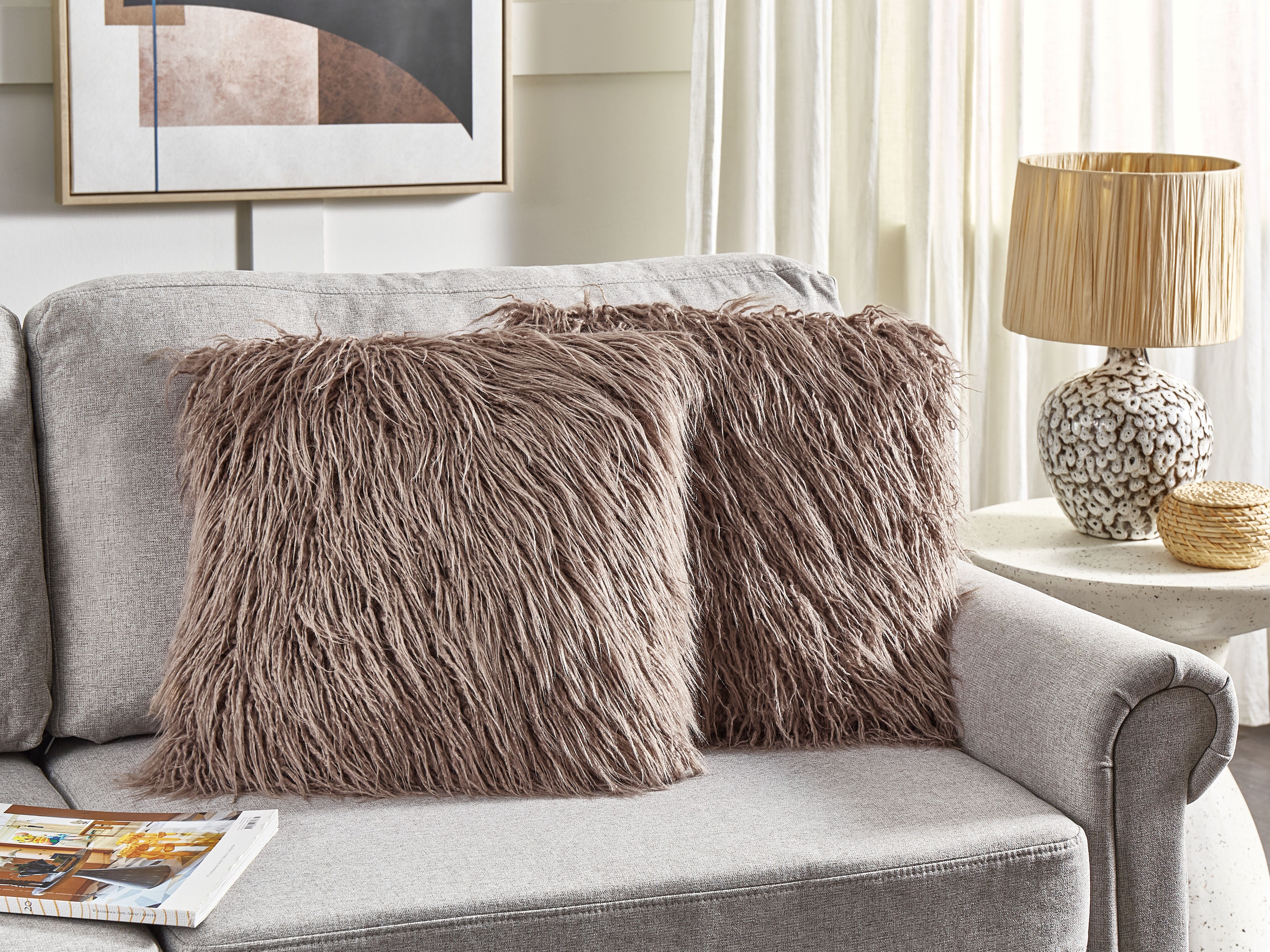 Set of 2 Decorative Cushions COROKIA Faux Fur 45 x 45 cm Beige Solid