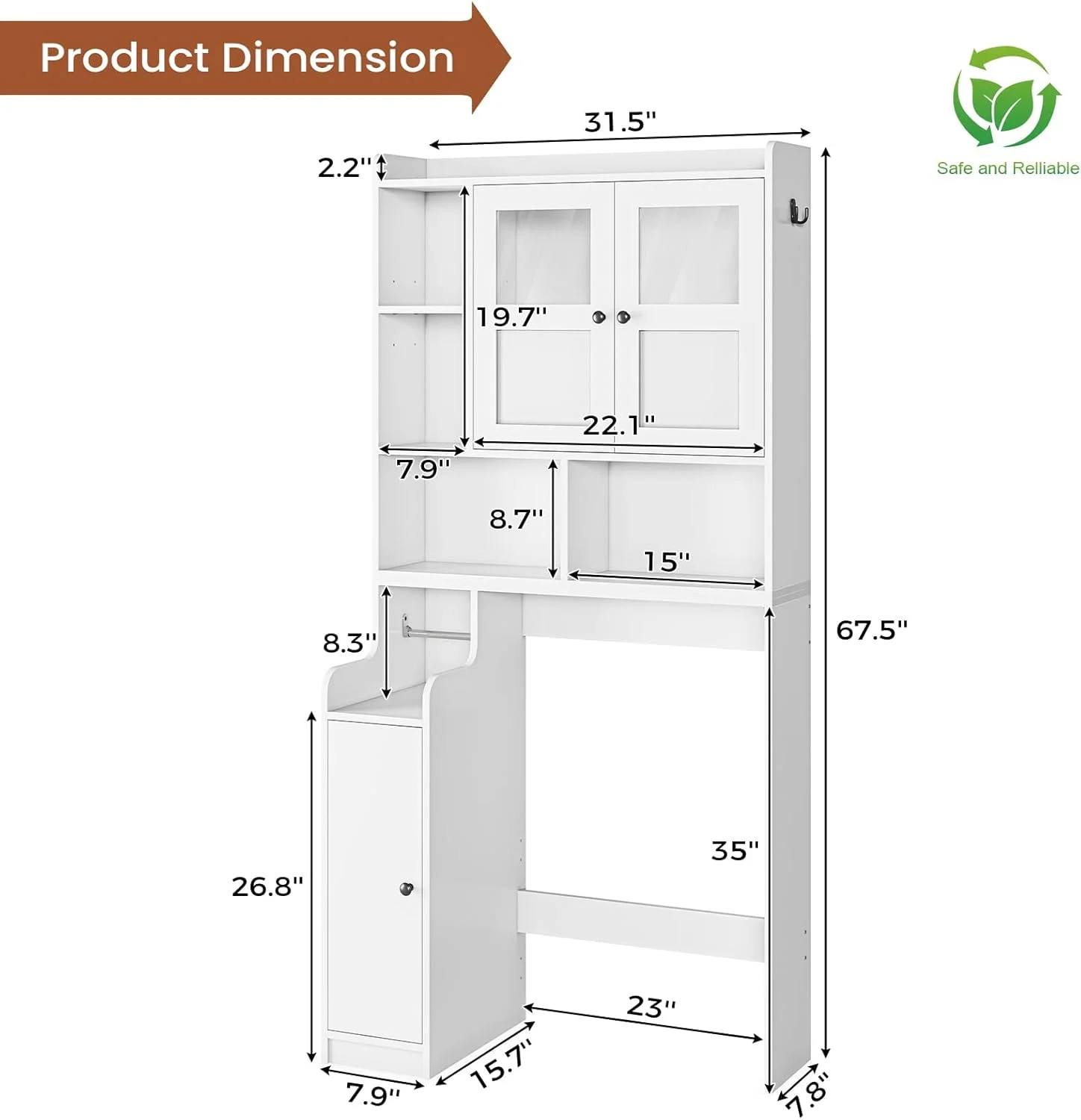 Over The Toilet Storage Cabinet with 3 Doors, Farmhouse Space Saver for Bathroom Organizer with Paper Holder, 10 Shelves and Hooks, 7-Tier Over Washing Machine Cabinet for Laundry, Bathroom, Natural - Image 13