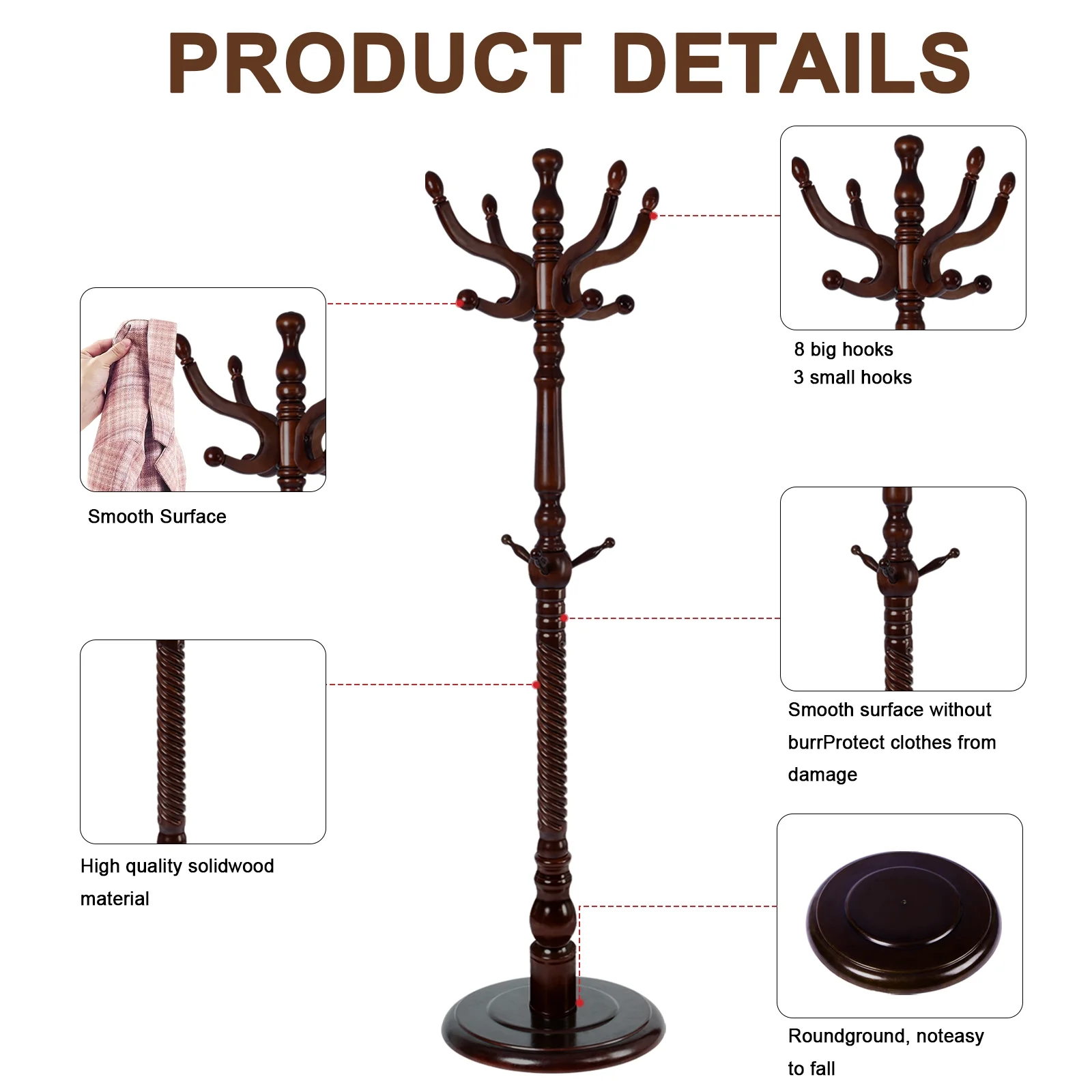 Coat Rack Freestanding, Hall Tree with 11 Hooks, Heavy Duty Wooden Coat Tree Stand, Adjustable Height, Sturdy Base for Bedroom Hallway Office - Load 270lbs - Image 12