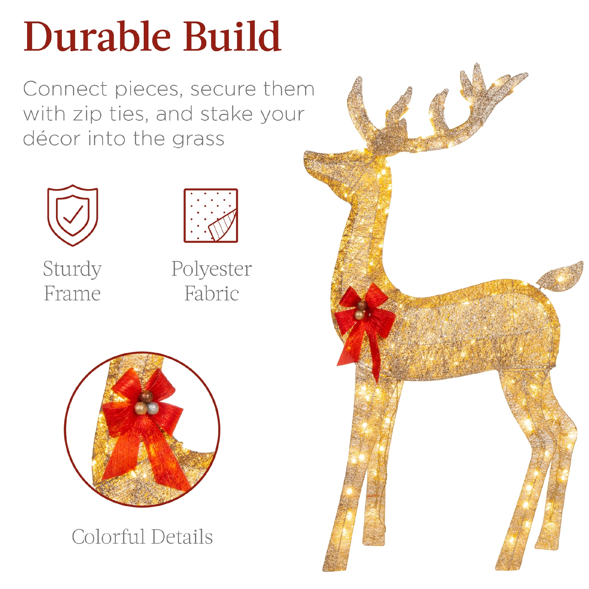 Best Choice Products 6.5ft 3-Piece Lighted Christmas Deer Set Outdoor Yard Decoration w/ 385 LED Lights, Stakes - Gold - Image 8