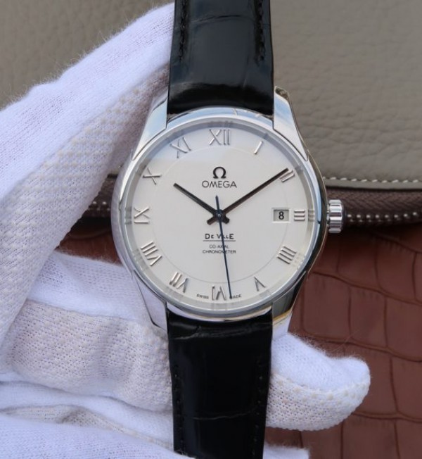 Replica Omega V6 De Ville 41mm SS White Dial Black Leather Strap A8500 - Top club