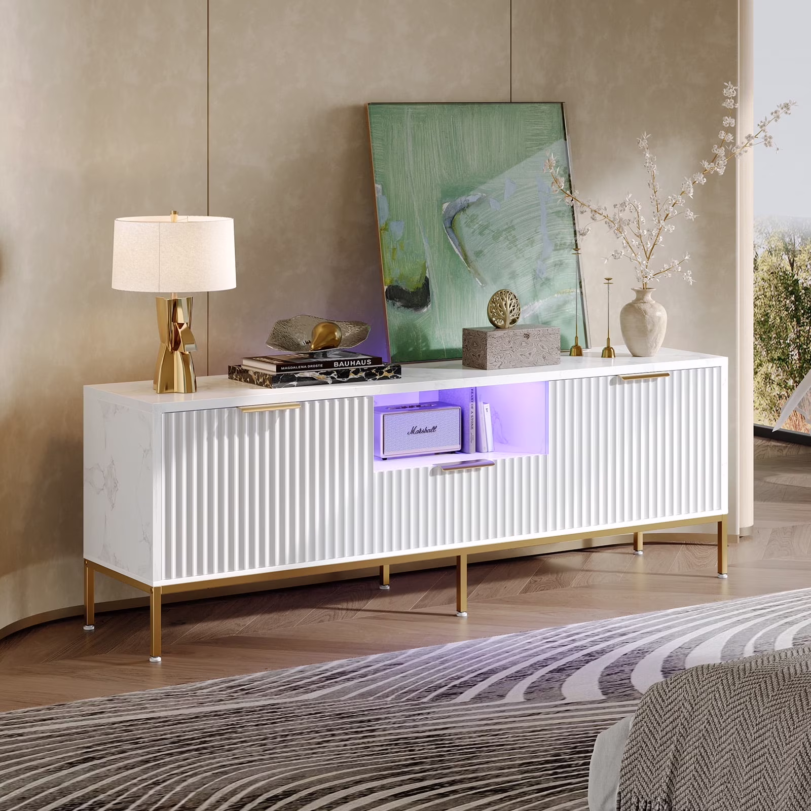 Bestier 55" LED TV Stand for TVs up to 60" Modern High Gloss Entertainment Center with Drawers Cabinets Fluted TV Console, White & Gold - Image 9