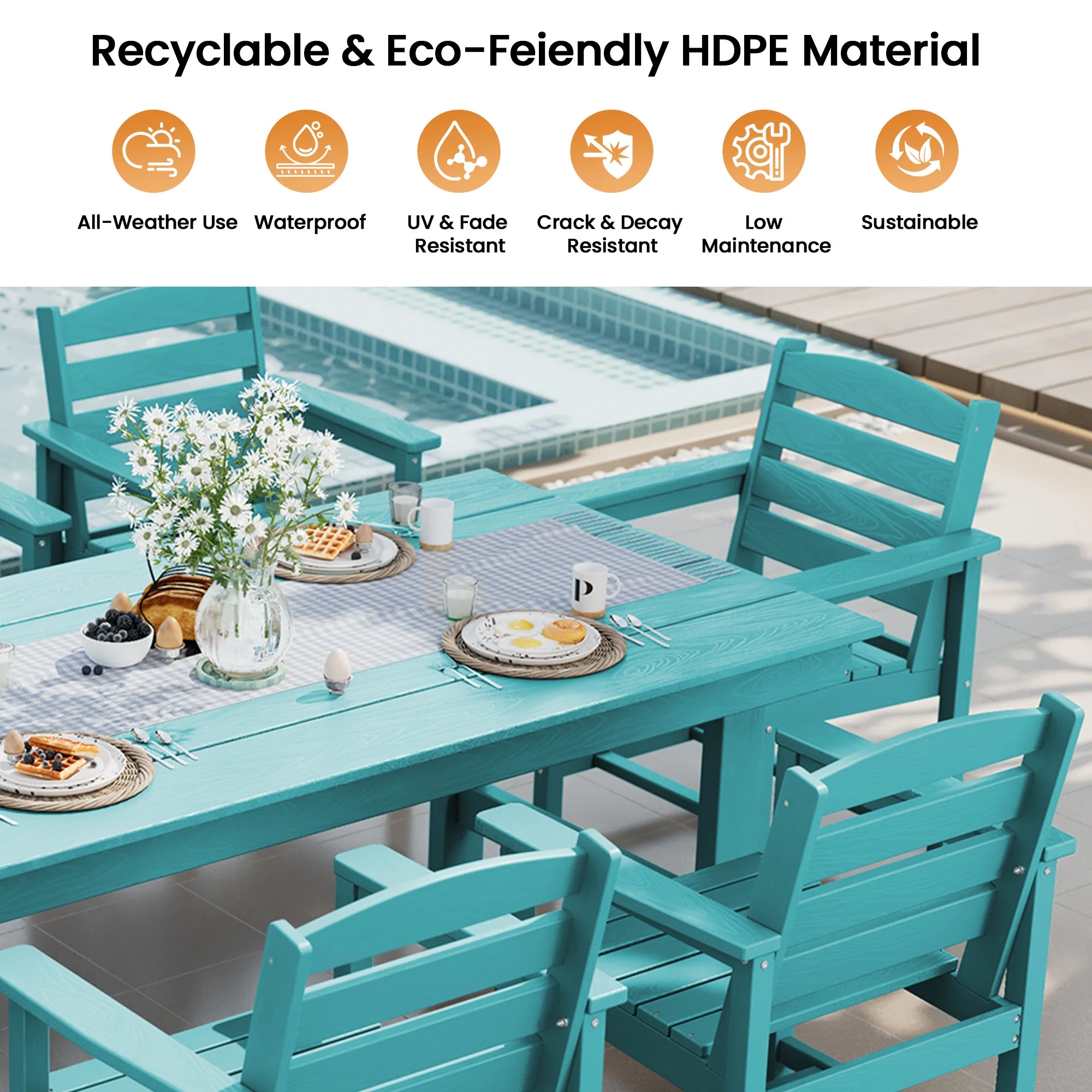 KINGYES 7-Piece Outdoor Dining Set, HDPE Patio Table and Chairs with Umbrella Hole, Gray - Image 46