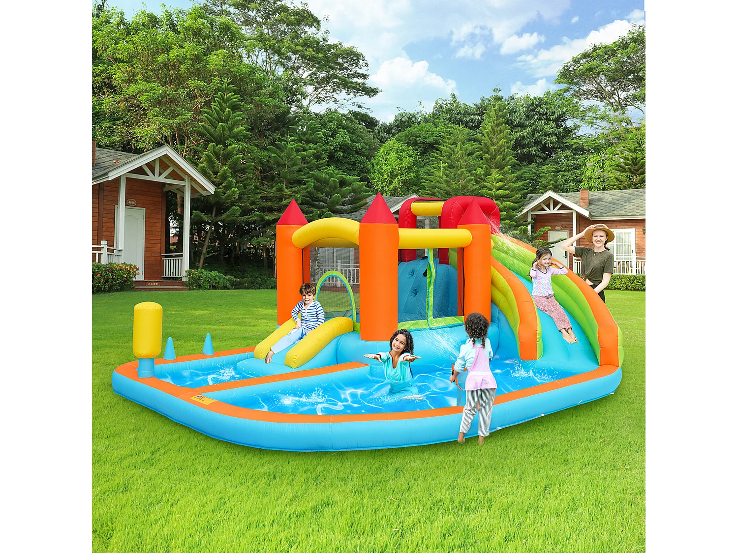 Château gonflable 450W, usage sec et humide, toboggan, trampoline, panier de basket, pistolets à eau, tissu Oxford orange