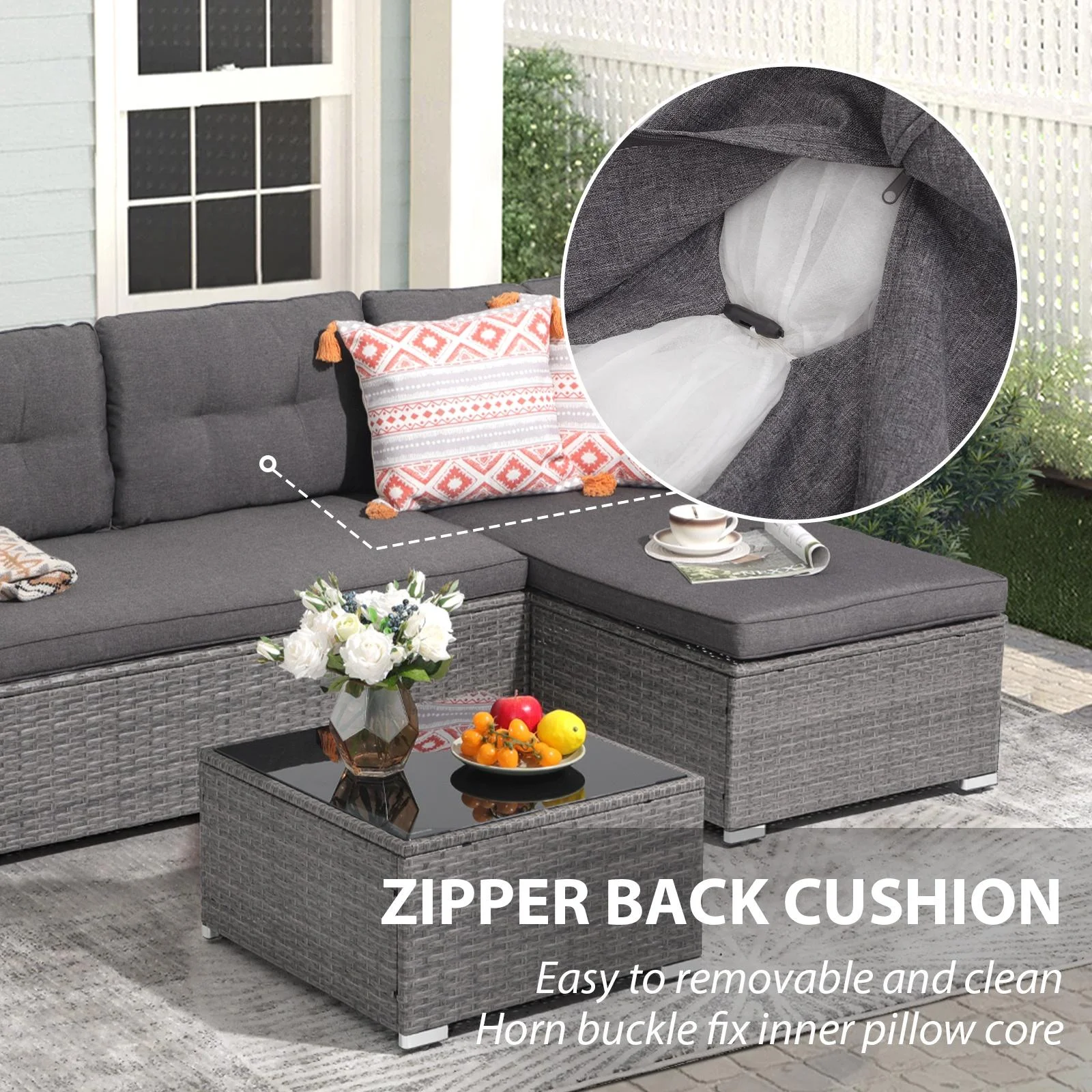 JOIVI 3 Pieces Patio Conversation Set, PE Wicker Rattan Outdoor Furniture Set, 2 Ways Small Sectional Sofa, Tempered Glass Coffee Table, Silver-Gray - Image 37