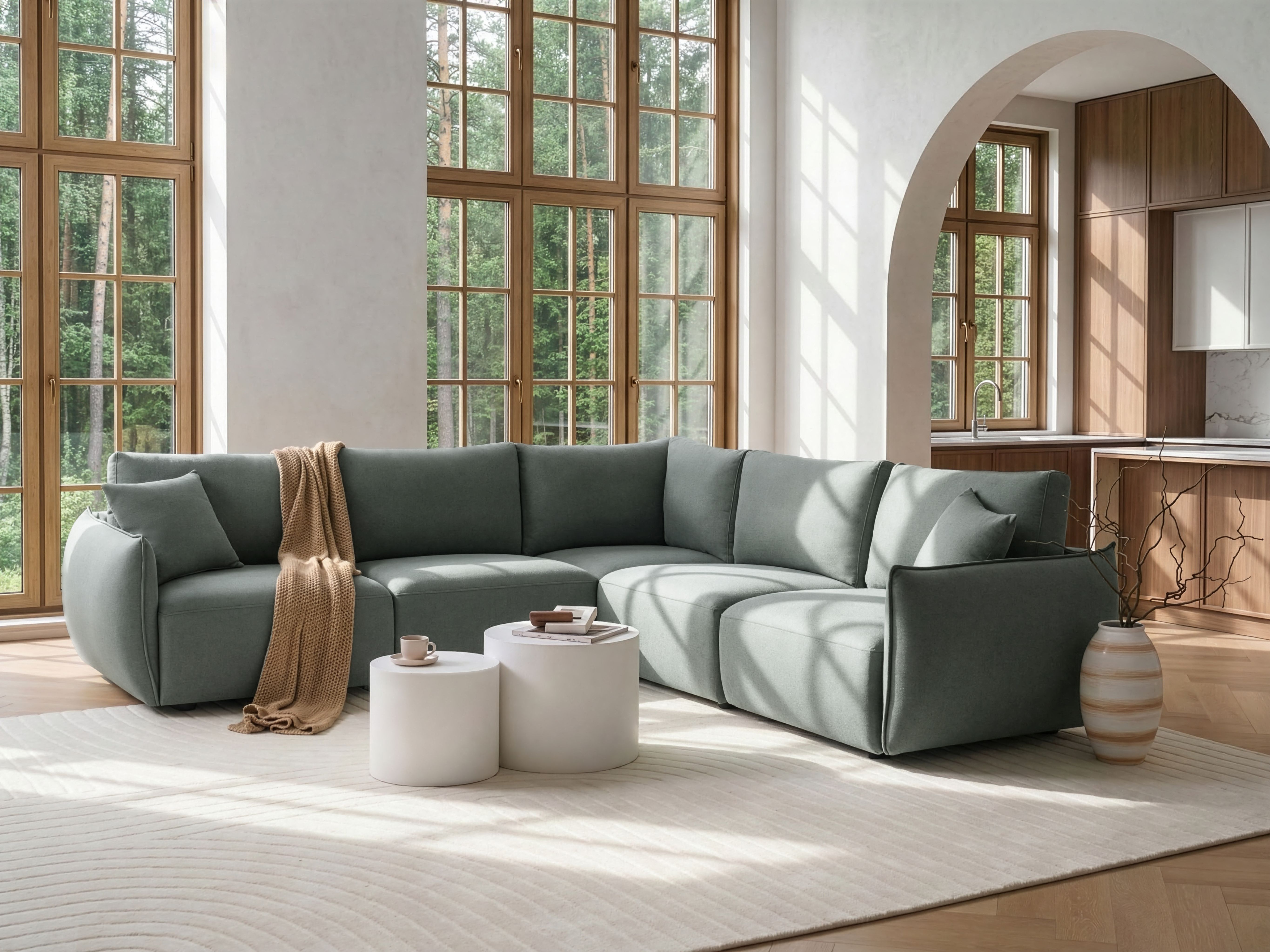 Modular Corner Sofa 5 Seater MESNALI Fabric Green Left Hand