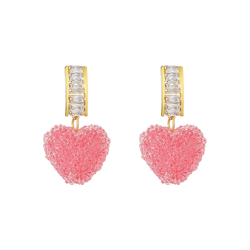 Peach Heart Stud Earrings with Flaring Pink Cubic Zirconia 18K Gold Plated Full of Love Drop Earrings for Women Gift