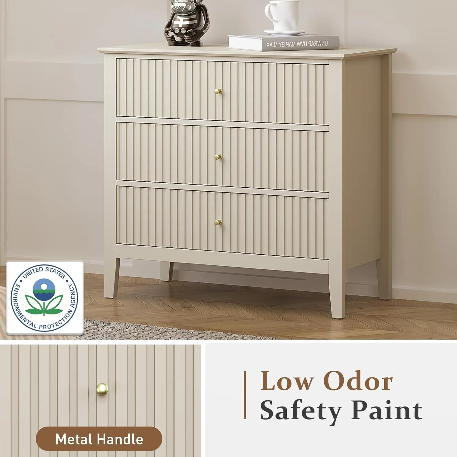 Heynemo Beige 6 Drawer Dresser, Fluted Modern Wood Chest - Image 77