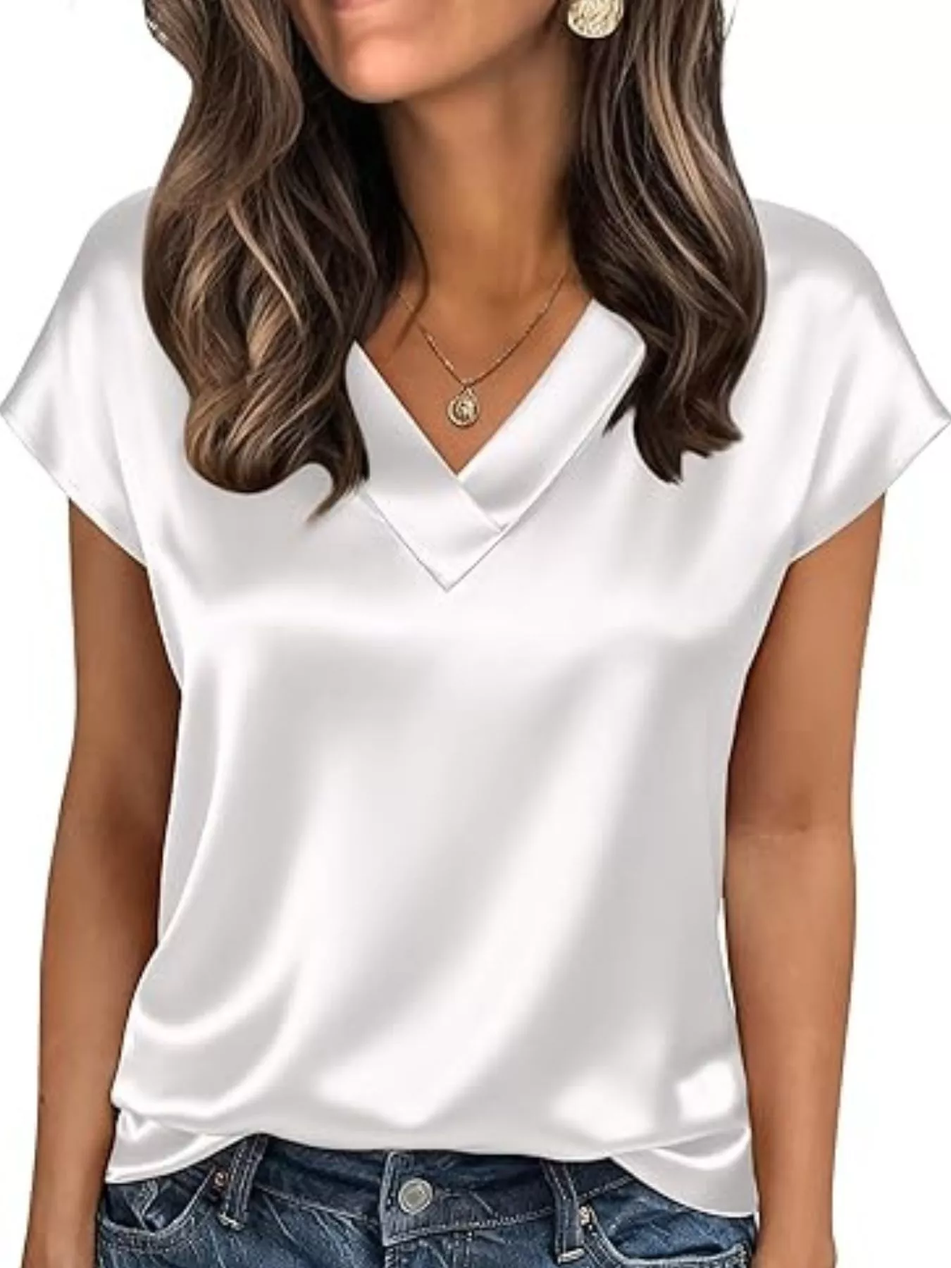 Satin V-Neck Short Sleeve Blouse - ZKZOOK