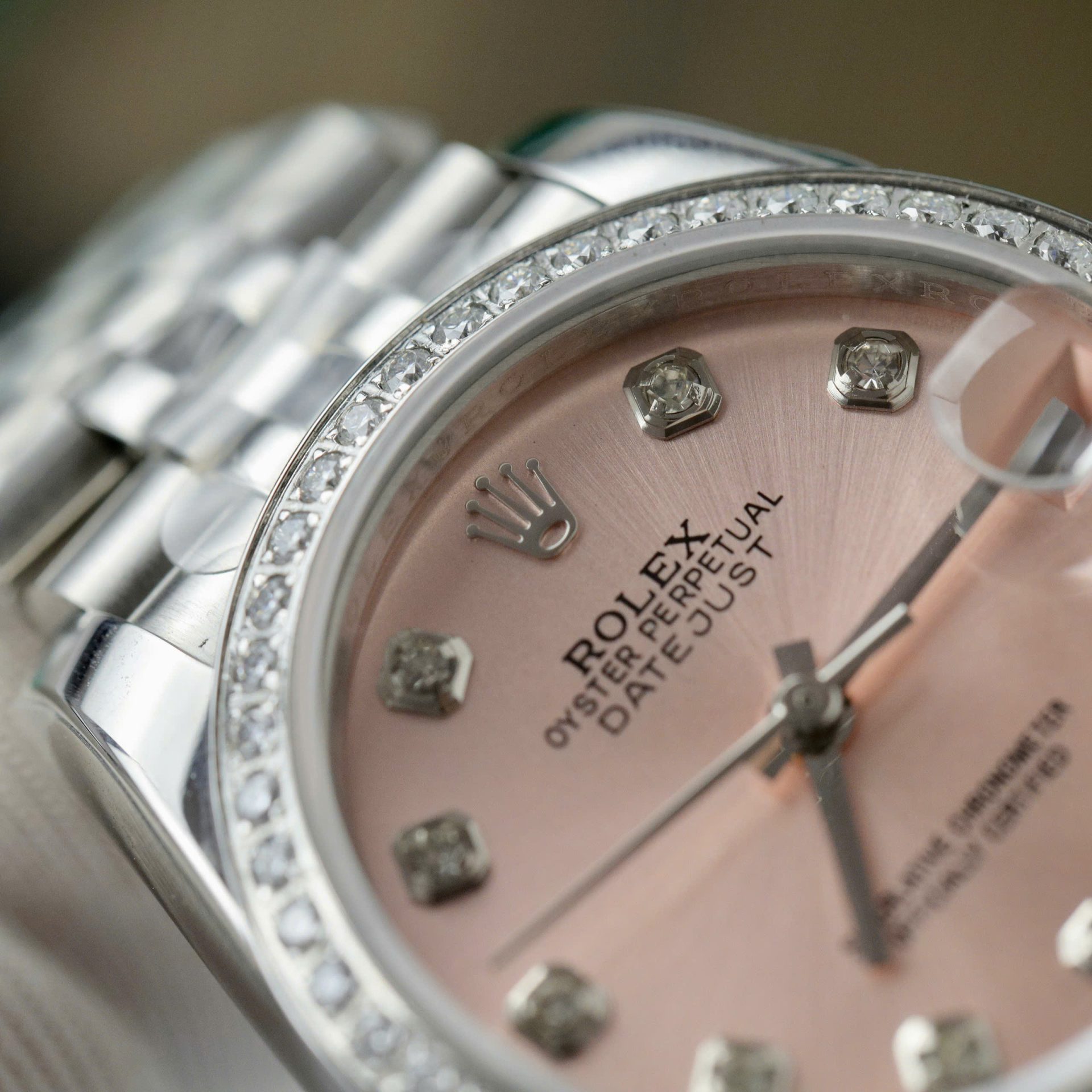 Rolex DateJust Replica Watch Womens Pink Dial Custom Moissanite Diamonds 31mm - Elite Watch Atelier