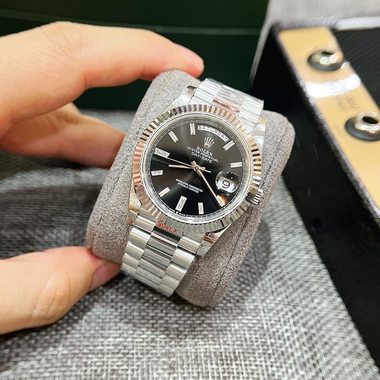 Rolex Replica 1:1 Watch Day-Date 228236 Black Dial With Stone Number GM Factory 40mm - Elite Watch Atelier
