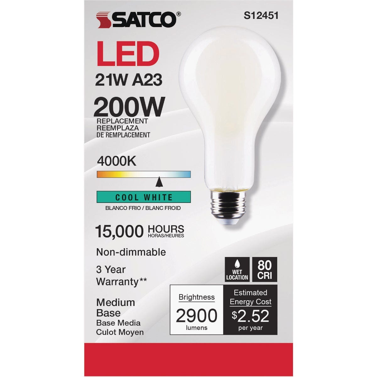 Satco 200W Equivalent 4000K Medium Base A23 LED Bulb