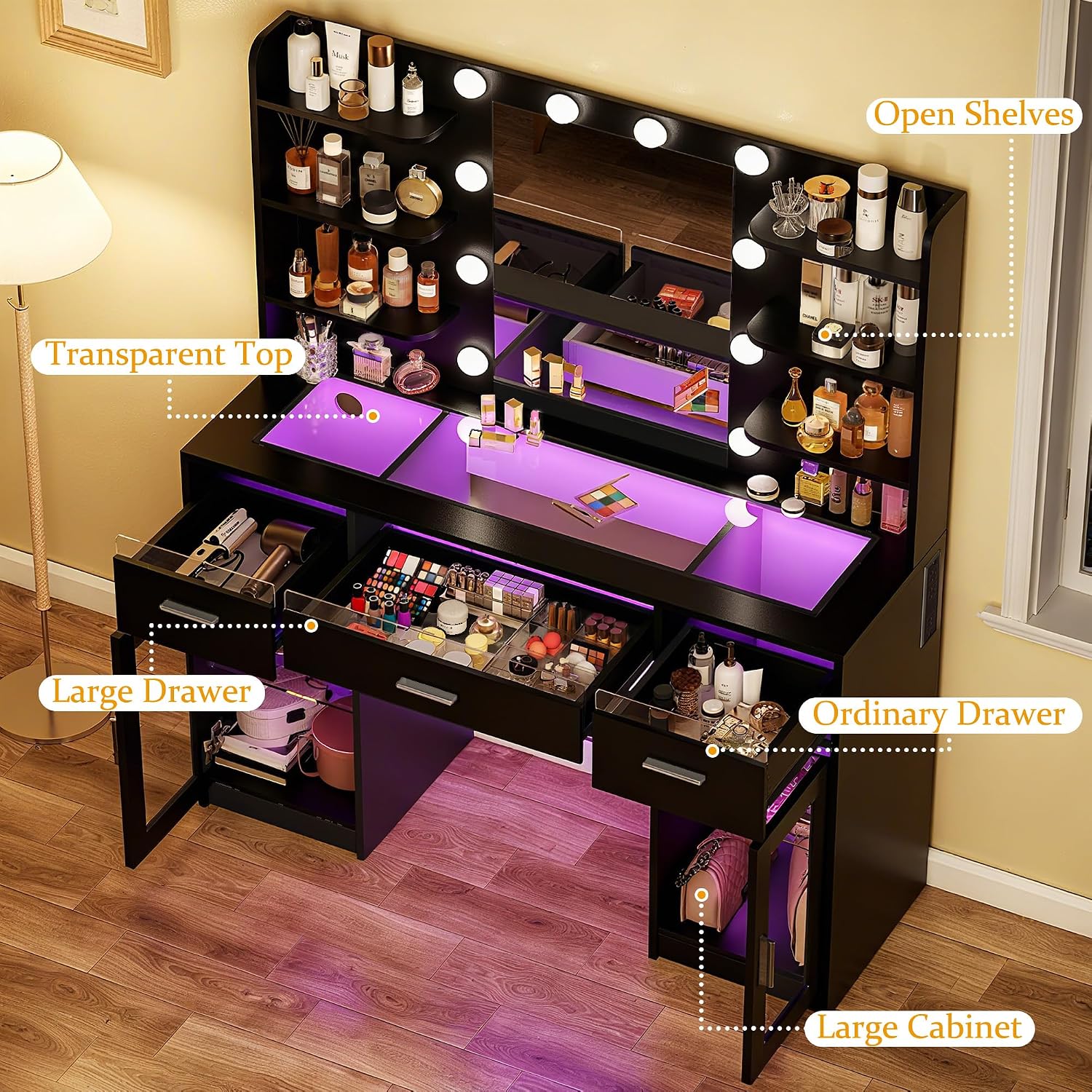 Fixwal Black Luxury Makeup Vanity Table with Tempered Glass Top, LED Mirror & RGB Lighting - Image 2 Fixwal Black Luxury Makeup Vanity Table with Tempered Glass Top, LED Mirror & RGB Lighting - Image 2