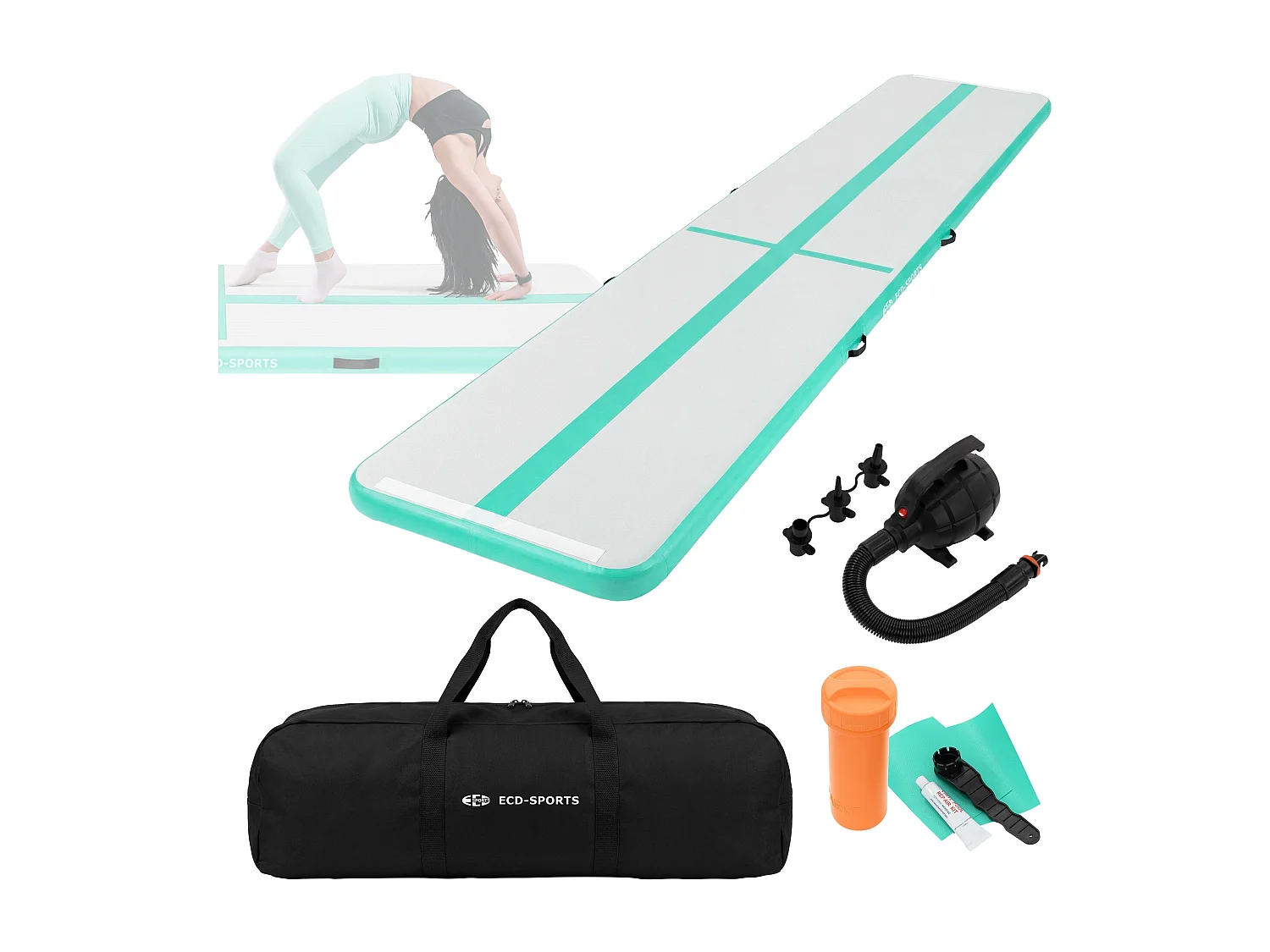 Tapis airtrack 500x100x10cm vert menthe piste de gymnastique gonflable pour tumbling yoga pilates et fitness avec pompe électrique et sac de transport