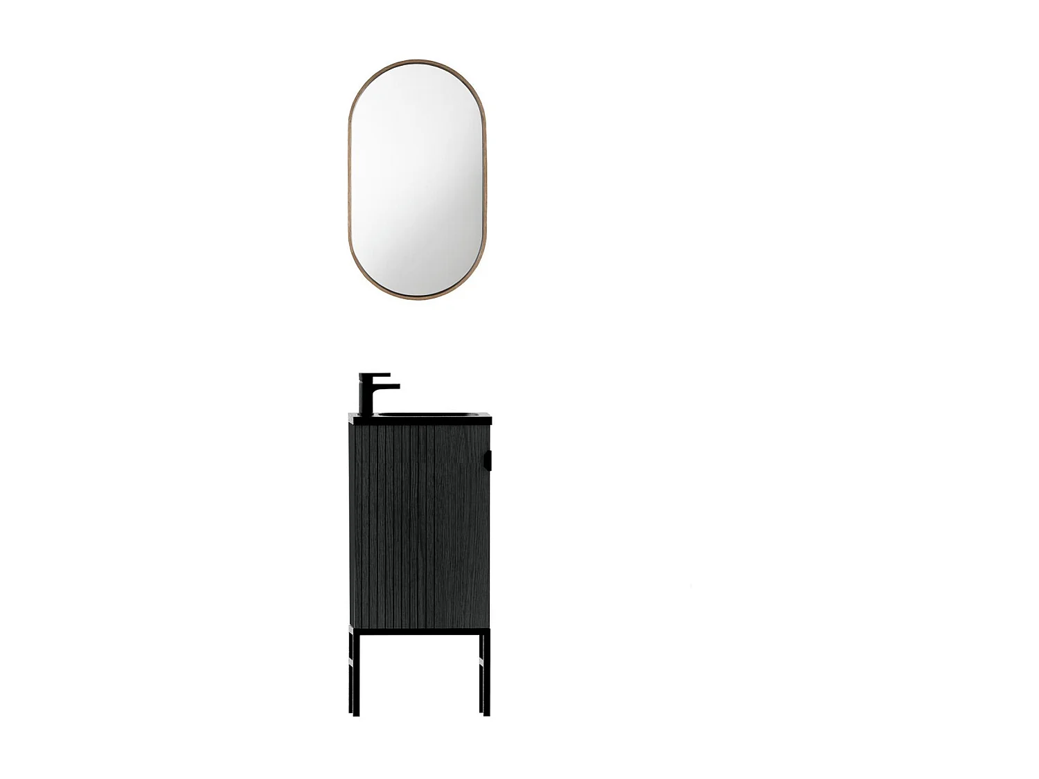 Lave-mains sur pieds chêne carbone + robinet + miroir STUDIO