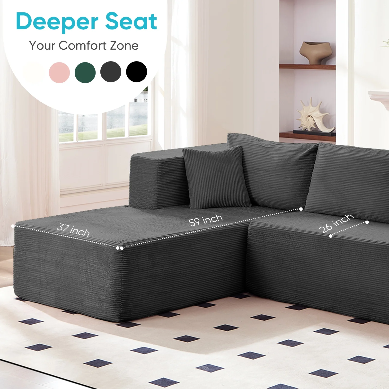 ZAFLY 106" Cloud Sectional Couch with Chaise, No Assembly Required L Shaped Sleeper Sofa, Oversized Deep Seat Modular Couches and Sofas for Living Room - Right, Black - Image 45