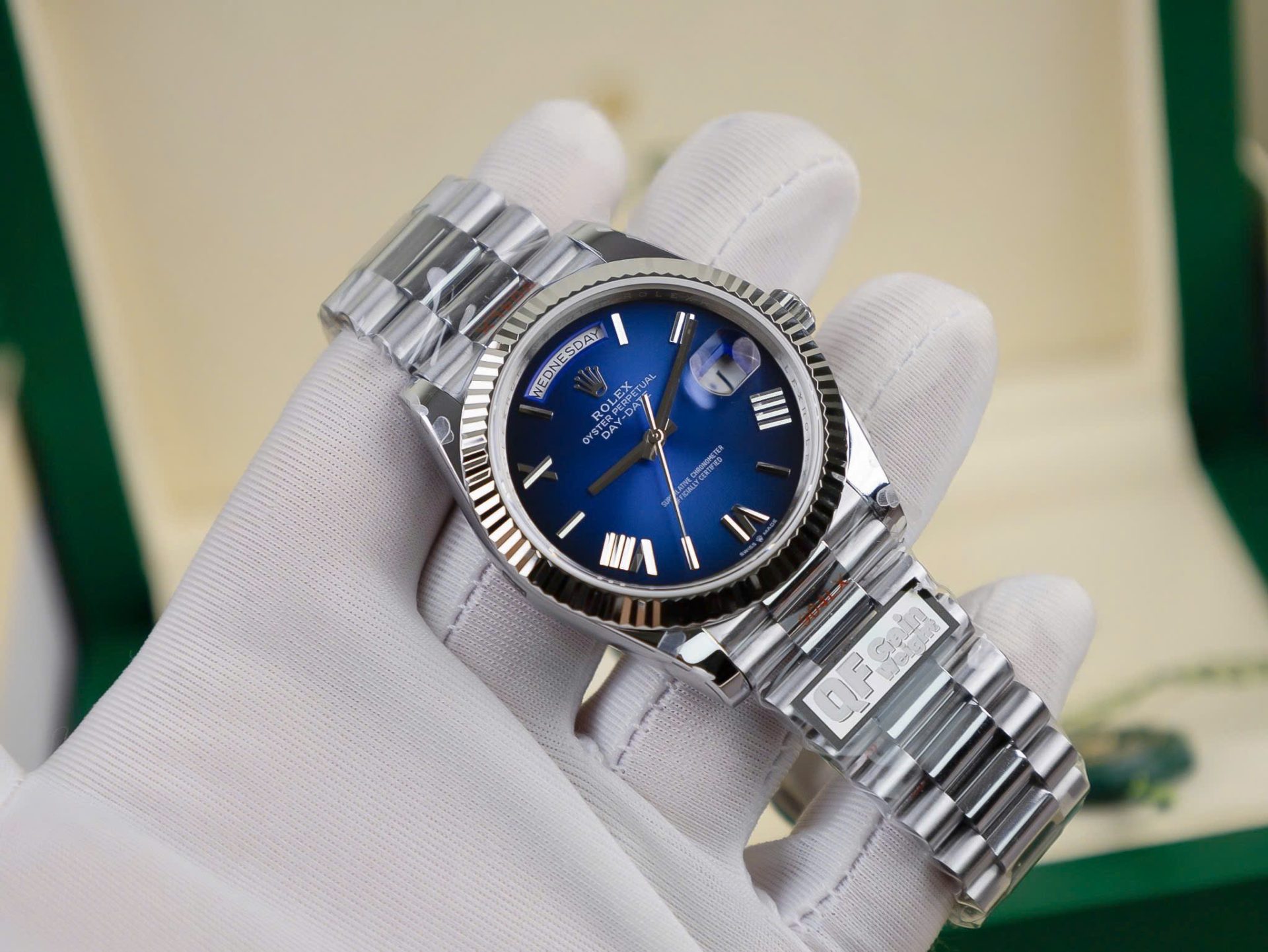 Rolex Day-Date 228239 Replica 11 Watch Dial Blue Ombre Weight 186 Grams QF 40mm - Elite Watch Atelier