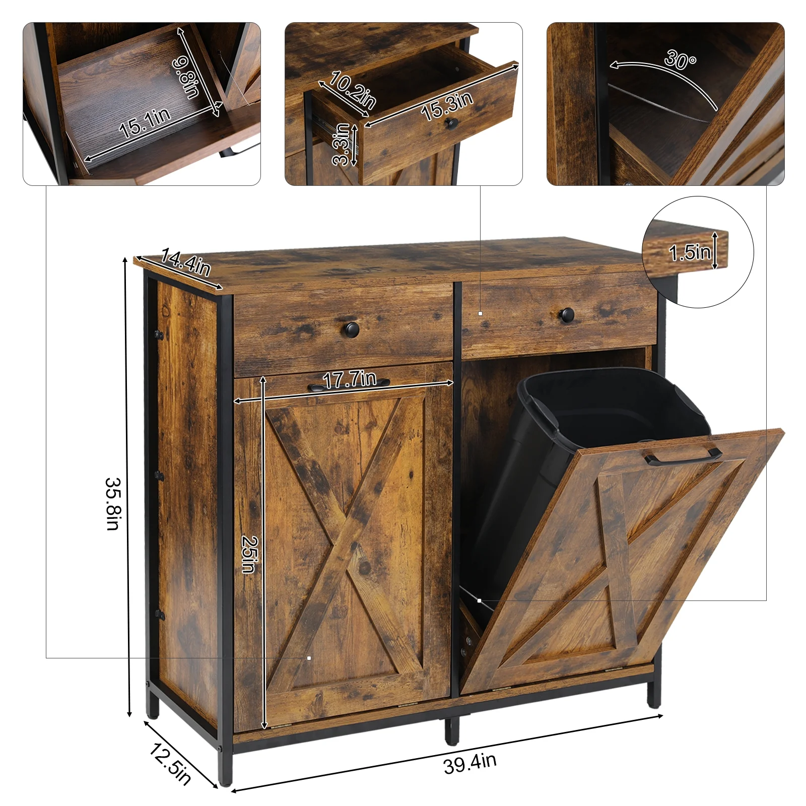Pirecart 20 Gallon Double Tilt Out Trash Cabinet Wood Hidden Storage Cabinet, Recycling Cabinet with 2 Drawers, Black - Image 25
