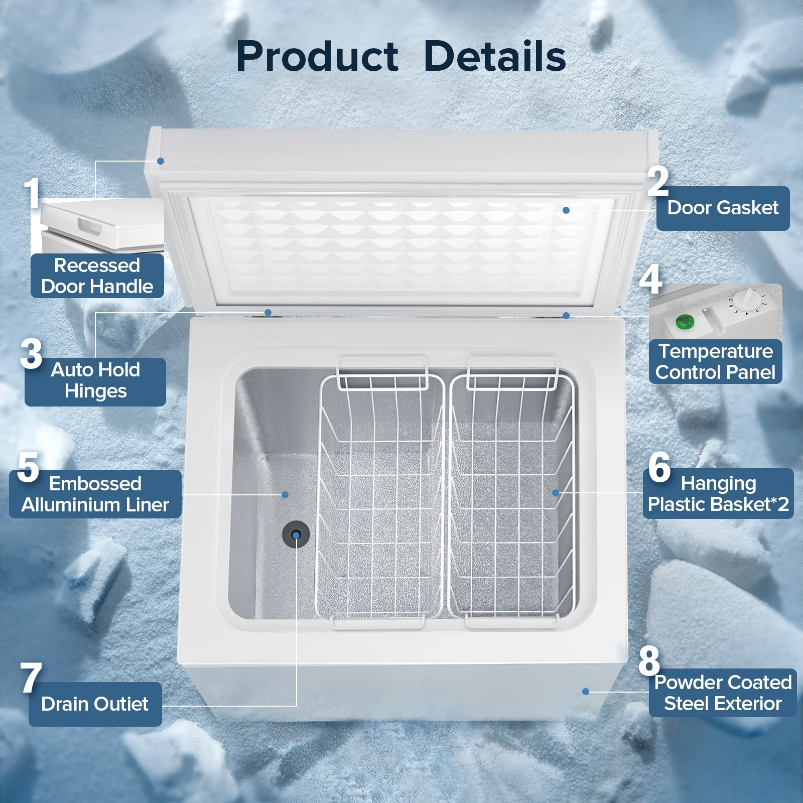 Auseo Mini Freezer Chest 3.5 cu ft, Black Deep Freezer & Side Handle, Compact Freezer with 7 Gear Adjustable Temperature, Removable Storage Basket*2, Energy Saving - Image 13