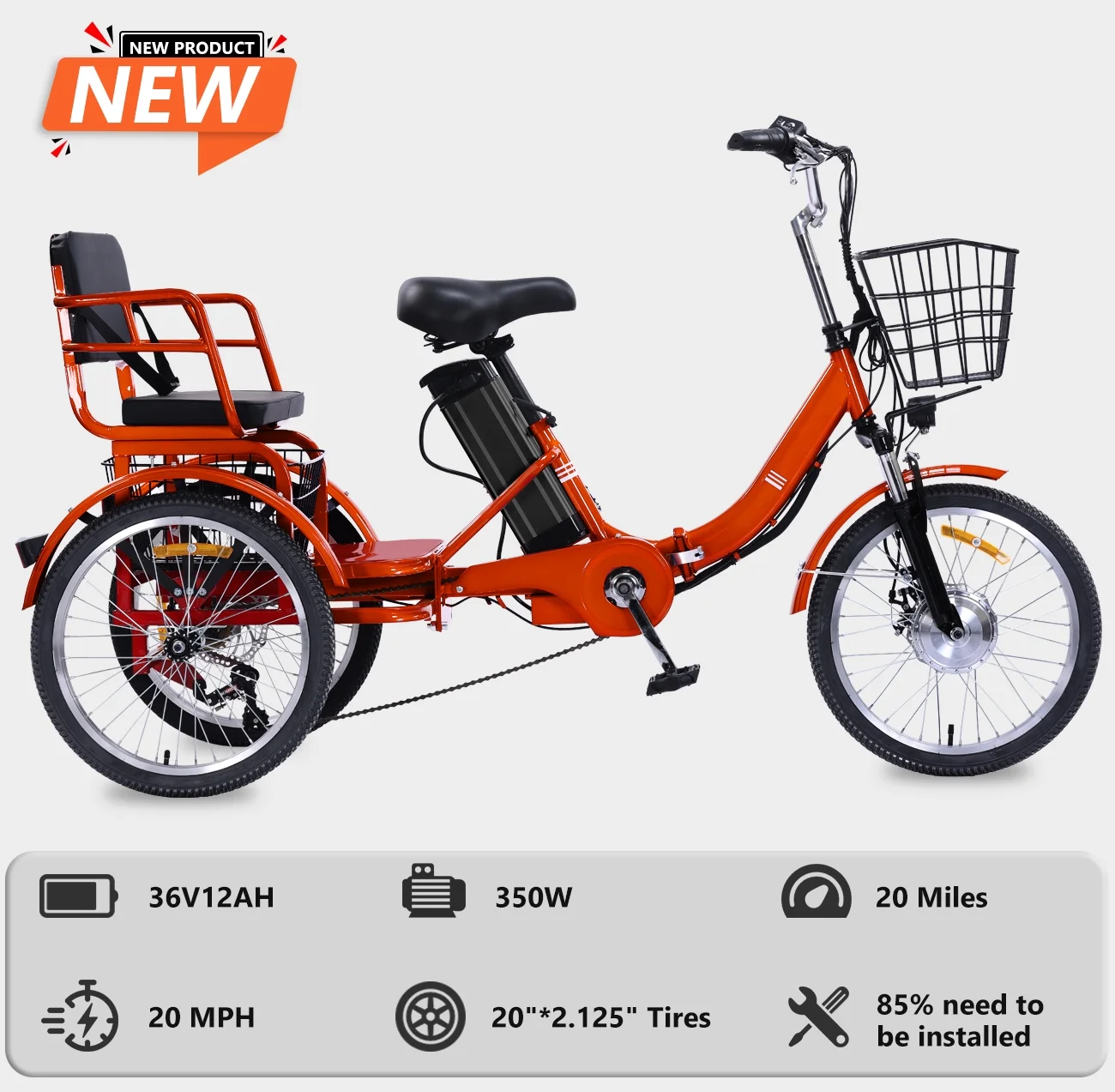 NOMIGO Electric Tricycle for Adults Folding Electric Trike 3 Wheel Electric Trike with Two-seater Large Basket Super Powerful Brushless 350W Motor 48V13AH Lithium Battery Max 20MPH E-Tricycle Orange - Image 3