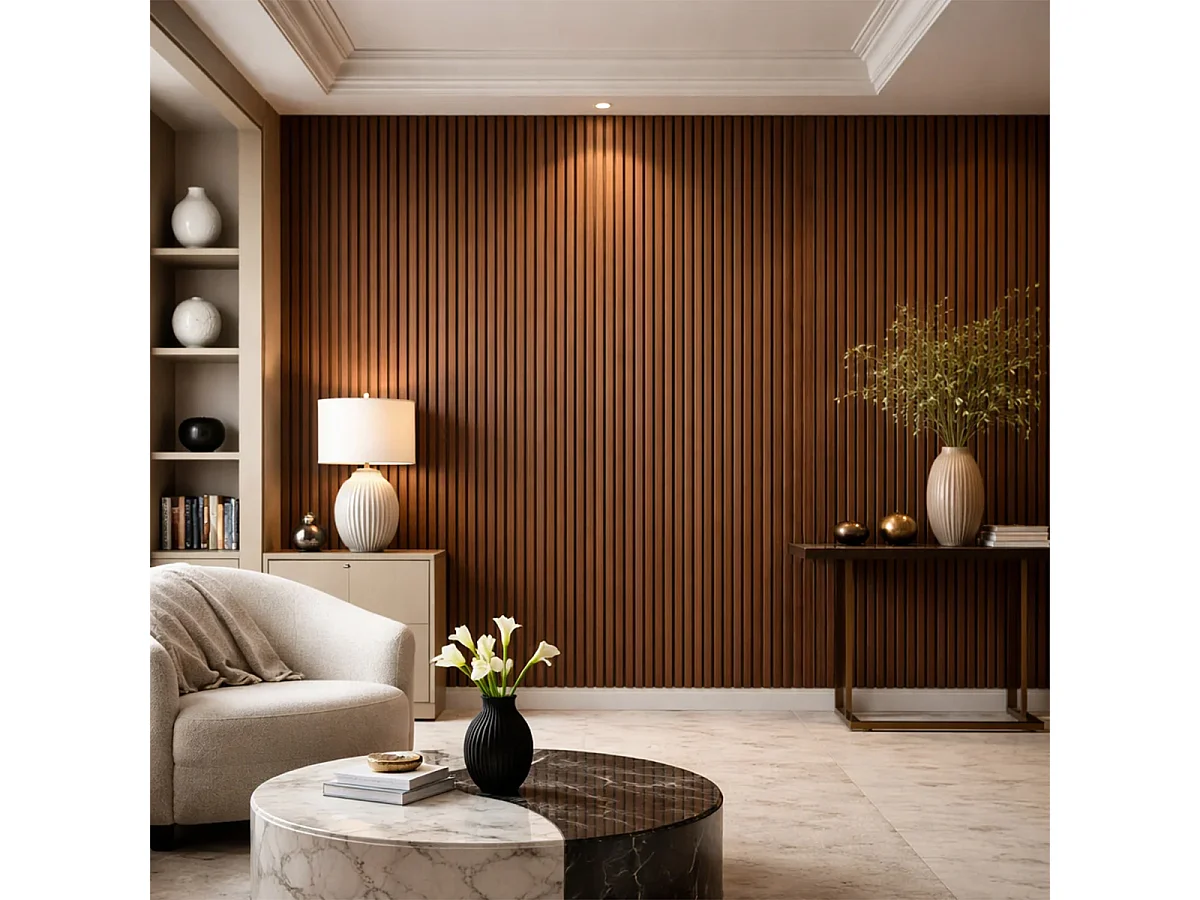Panneau décoratif en PVC imitation lattes de bois, lot de 10 pièces, 120 x 30 cm, revêtement mural noyer clair
