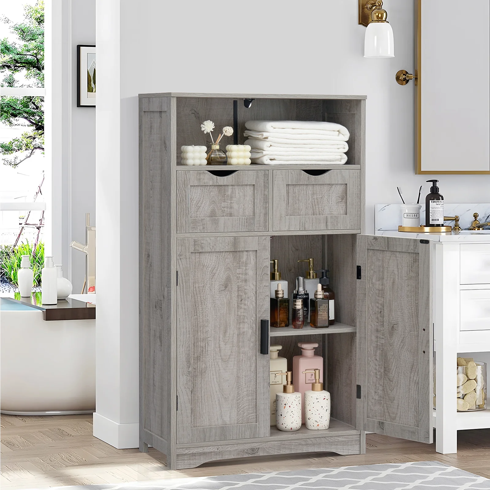 FANGSUM Rattan Storage Cabinet with 2 Drawers & 2 Shelves, Floor Cabinet for Living Room - Image 42
