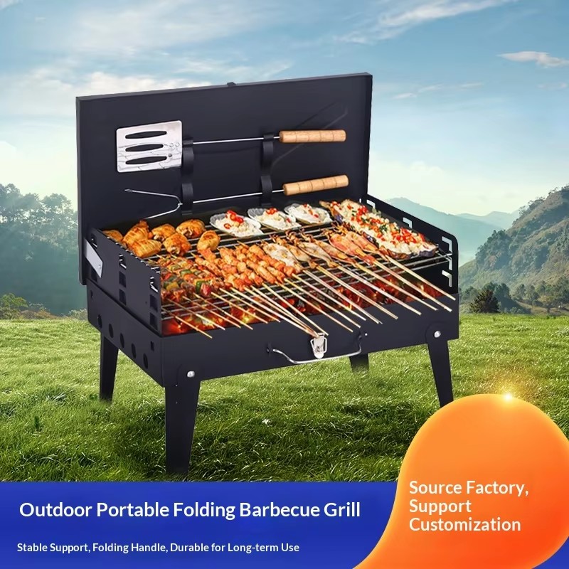 Easily Assembled Modern Portable Folding Cast Iron Charcoal Grill with Remote Control-Smokeless Outdoor Camping BBQ