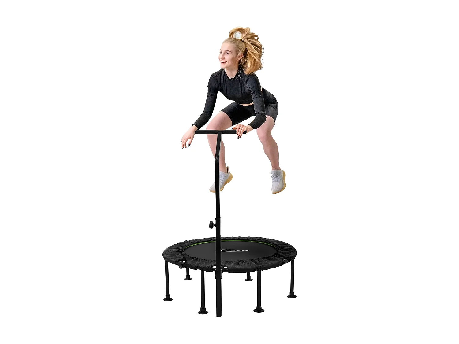 Trampoline de fitness Ø102cm vert pour intérieur barre de maintien réglable en hauteur structure acier capacité 150 kg plateforme de saut silencieuse